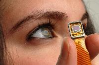 Photographs of microemmisive displays held next to human eyes for a size comparison.  2 images. Taken in 2006.