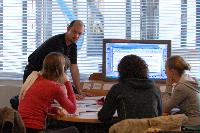 Photographs of a Mathematics Tutorial. Supervisors included Ms Elena Méndez Escobar, Dr Lionel Richard, Mr Daniele Sepe, Dr Adri Olde Daalhuis and Mr Florian Pokorny. Photographs taken in the Appleton Tower Tutorial Suite, Mezzanine Floor, 2009.