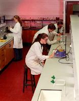 A set of images of unknown students performing chemistry experiments.