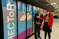 Joint HECToR Phase 3 (Cray) and Blue Gene/Q (IBM) launch, Feb 2012: George Chiu IBM; Dr Peter Boyle; David Willetts, Minister for Universities and Science; Lily Johnson (won comp to design HECToR doors graphic); Prof Arthur Trew, Prof Nigel Brown (Vice-Principal Planning, Resources and Research Policy), Prof Richard Kenway; Professor Sir Timothy O'Shea (Principal); Fiona Burgess (Cray); Ulla Thiel (Cray Vice President for Europe, the Middle East and Africa); Dr Mark Parsons (EPCC Joint Director); David Delpy (EPSRC Chief Executive);