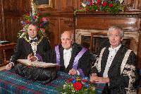 Professor Peter Higgs with Principal, Professor Sir Timothy O'Shea, and the Rt Hon Donald Wilson, Lord Provost of the City of Edinburgh; Edinburgh Graduation 2014