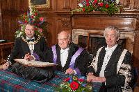 Professor Peter Higgs with Principal, Professor Sir Timothy O'Shea, and the Rt Hon Donald Wilson, Lord Provost of the City of Edinburgh; Edinburgh Graduation 2014