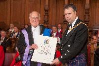 Professor Peter Higgs with his Freedom of the City of Edinburgh Award with the Lord Provost of the City of Edinburgh, the Rt Hon Donald Wilson; Edinburgh Graduation 2014
