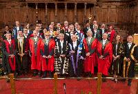 Frome left to right: -First Row: Professor Arthur Trew, Peter McColl, Sir Thomas Kibble, Professor Baron Francois Englert, Professor Sir Timothy O'Shea, Professor Peter Higgs, Professor Rolf Dieter Heuer, Professor Thomas Insel. Second Row: Professor Richard Kenway, Professor Barbara Clerbaux, Professor Didiers Viviers, Professor Tariq Durrani. 3rd Row: Rt Hon Donald Wilson, Sir John Peebles Arbuthnott, Professor Alan Walker, Professor Lesley Yellowlees.