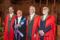 Left to Right: Sir Thomas Kibble, Professor Peter Higgs, Professor Rolf-Dieter Heuer, Professor Baron Francois Englert; Edinburgh Graduation 2014