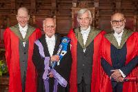 Left to Right: Sir Thomas Kibble, Professor Peter Higgs, Professor Rolf-Dieter Heuer, Professor Baron Francois Englert; Edinburgh Graduation 2014