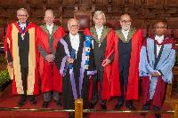 Left to Right: Sir John Peebles Arbuthnott, Sir Thomas Kibble, Professor Peter Higgs, Professor Rolf-Dieter Heuer, Professor Baron Francois Englert, Professor Tariq Durrani; Edinburgh Graduation 2014