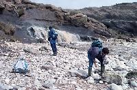 Photographs of geoscience students on an expedition, or field trip, to a rocky beach.  10 images.