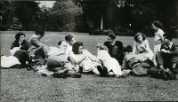 Physics Society Album 2. Photographer unknown. Copyright unknown. Album cover - knight and horse. Dates vary: 1941, 1942, 1943, 1944, 1947, 1948, 1949. Events included are Balerno to Flotterstone 1941, Meal Monday 1942, Meal Monday 1944, Soutra via Lammermoors and Humbie 1944, Balerno to Carlops 1944, Balerno to Carlops 1945, Meal Monday 1947, Edgelaw Reservoir Picnic 1947, Dramatic Night "The Dover Road" 1948, Peebles Meal Monday 1949, Play: "While The Sun Shines" 1949, Spring Hike Gladhouse to Peebles 1949, Charities Day and the Physics Society Picnic Pittencrieff Dunfermline. Photographed are the Standing Committees of 1942-43, 1943-44, 1944-45, 1947-48. Photographs include Bill Cochrane and Robert Schlapp.
