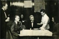 Physics Society Album 2. Photographer unknown. Copyright unknown. Album cover - knight and horse. Dates vary: 1941, 1942, 1943, 1944, 1947, 1948, 1949. Events included are Balerno to Flotterstone 1941, Meal Monday 1942, Meal Monday 1944, Soutra via Lammermoors and Humbie 1944, Balerno to Carlops 1944, Balerno to Carlops 1945, Meal Monday 1947, Edgelaw Reservoir Picnic 1947, Dramatic Night "The Dover Road" 1948, Peebles Meal Monday 1949, Play: "While The Sun Shines" 1949, Spring Hike Gladhouse to Peebles 1949, Charities Day and the Physics Society Picnic Pittencrieff Dunfermline. Photographed are the Standing Committees of 1942-43, 1943-44, 1944-45, 1947-48. Photographs include Bill Cochrane and Robert Schlapp.