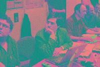 A collection of photographs showing people preparing for the NeSC opening in April 2002.