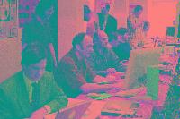 A collection of photographs showing people preparing for the NeSC opening in April 2002.