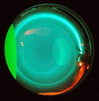 A collection of photographs showing a green/blue sphere (possibly an optics experiment involving an eye) and an oscilloscope showing a Gaussian curve (or half a sine or cosine wave).
