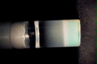 A sequence of photos showing the crystallization and then sedimentation of 2 substances.